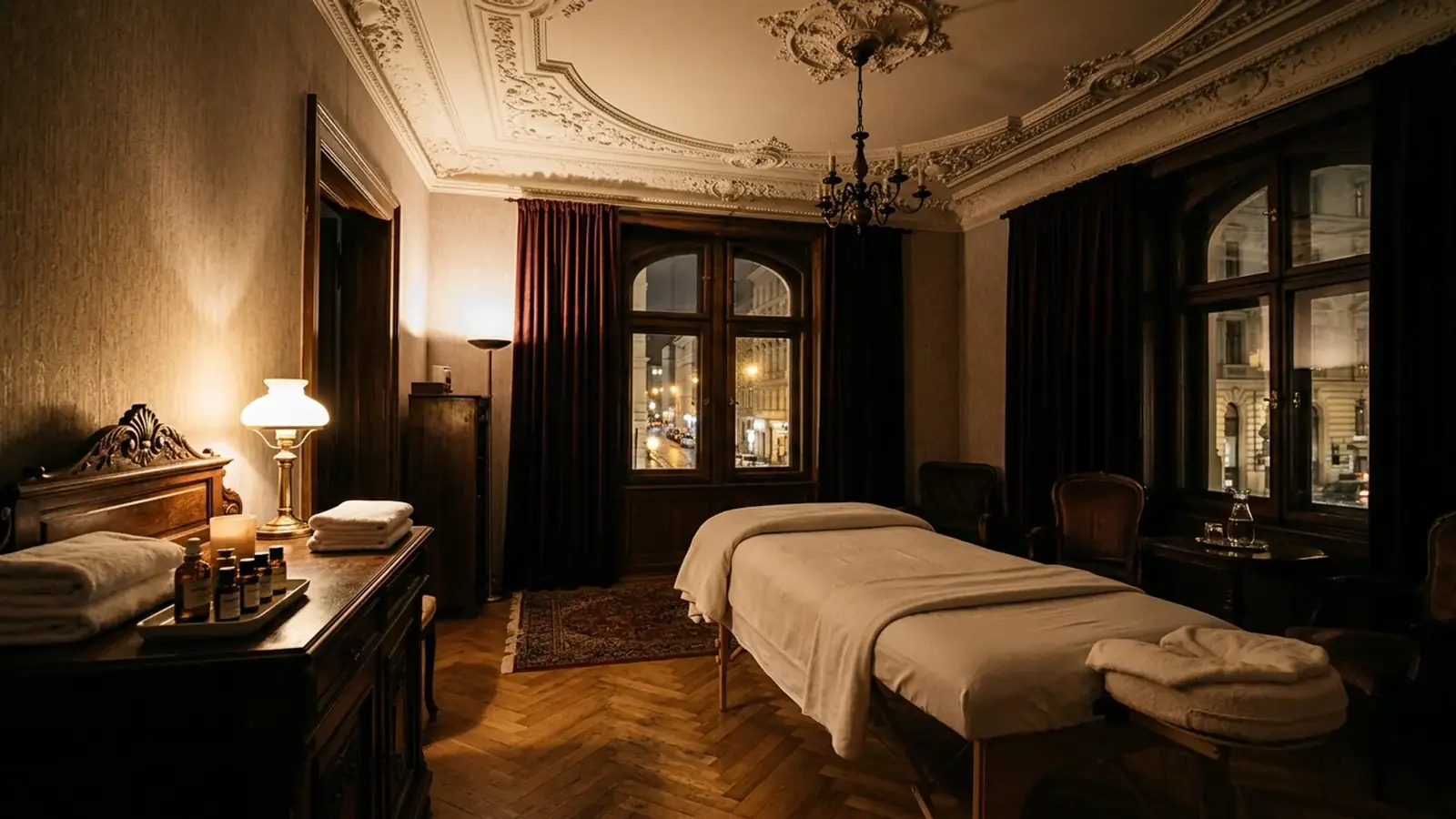 Erotische Massage Wien: leerer Massageraum im Wiener Altbau mit Stuckdecke, Kronleuchter, Parkett und Massageliege
